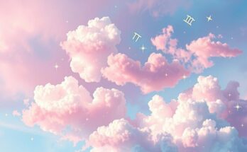Astrological symbols and dreamy clouds with vibrant colors representing love and fate in relationships.