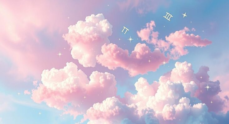 Astrological symbols and dreamy clouds with vibrant colors representing love and fate in relationships.