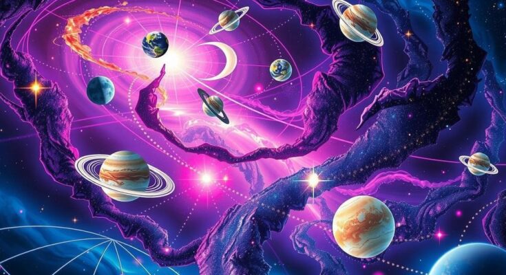 A colorful cosmic background depicting zodiac signs and planets, symbolizing astrological forecasts and creativity.