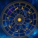 A vibrant zodiac wheel representing astrological signs with colorful constellations set against a starry background.