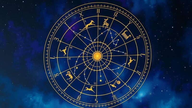 A vibrant zodiac wheel representing astrological signs with colorful constellations set against a starry background.