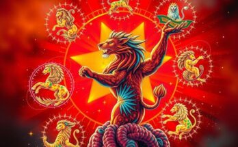 A vibrant illustration of zodiac signs in fiery colors symbolizing Mars in Leo magic and empowering themes.
