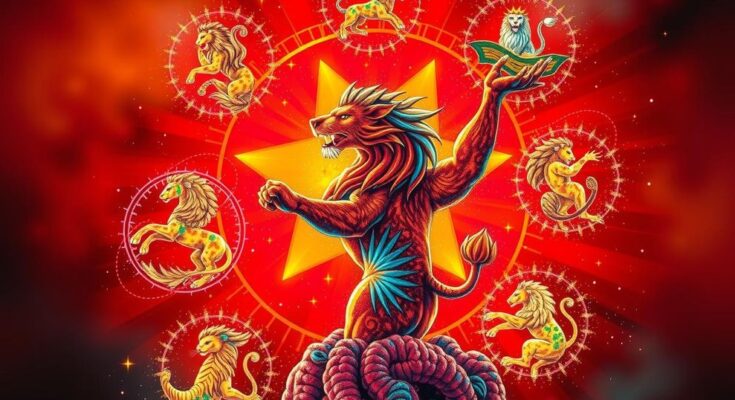 A vibrant illustration of zodiac signs in fiery colors symbolizing Mars in Leo magic and empowering themes.