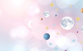 A cosmic illustration of astrology symbols, planets, and stars in soft pastel colors representing a horoscope theme.