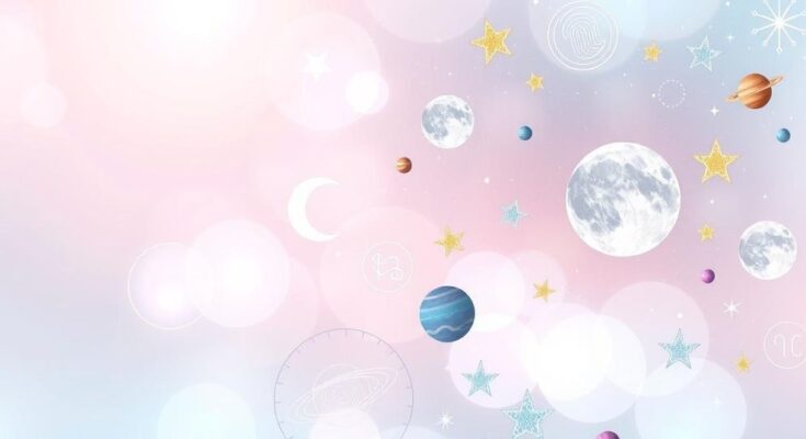A cosmic illustration of astrology symbols, planets, and stars in soft pastel colors representing a horoscope theme.