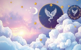 A serene cosmic scene featuring zodiac symbols among soft clouds and twinkling stars, representing daily horoscopes.