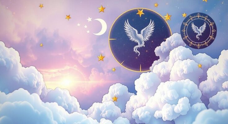 A serene cosmic scene featuring zodiac symbols among soft clouds and twinkling stars, representing daily horoscopes.