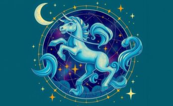 Celestial-themed Aquarius symbol with a nourishing color scheme featuring blues and greens.