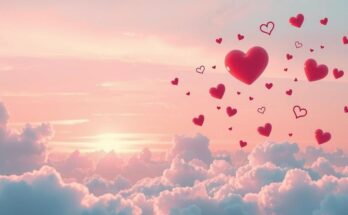A romantic scene with hearts and communication symbols, in pastel colors and soft lines, conveying love and connection.