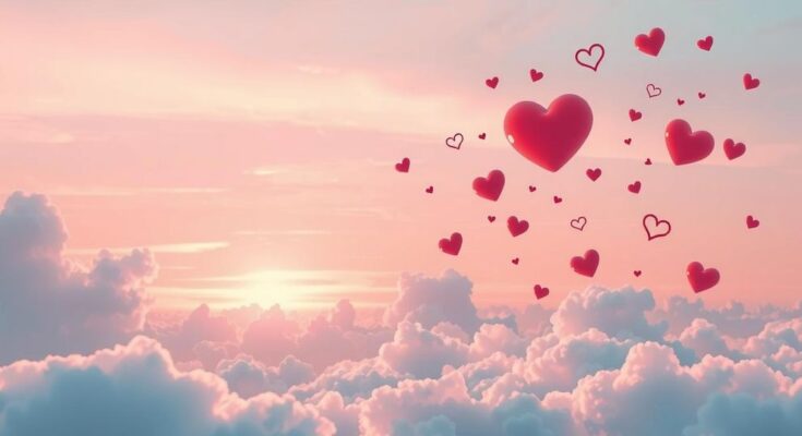 A romantic scene with hearts and communication symbols, in pastel colors and soft lines, conveying love and connection.