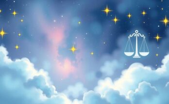 A tranquil Libra-themed celestial scene featuring twinkling stars, air element symbols, and ethereal colors.