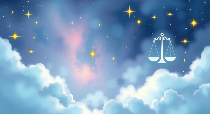 A tranquil Libra-themed celestial scene featuring twinkling stars, air element symbols, and ethereal colors.