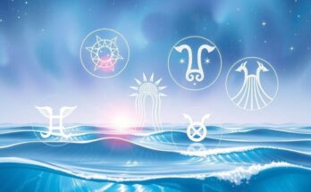A celestial scene with five zodiac symbols surrounded by stars and ocean waves in soothing pastel colors.