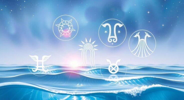 A celestial scene with five zodiac symbols surrounded by stars and ocean waves in soothing pastel colors.