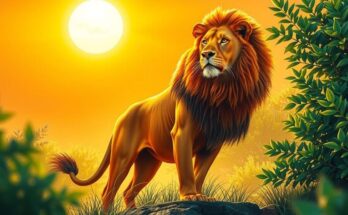 A vibrant scene of a roaring lion under a shining sun, symbolizing ambition and personal growth in a warm color palette.
