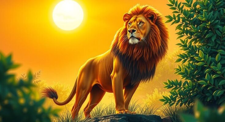 A vibrant scene of a roaring lion under a shining sun, symbolizing ambition and personal growth in a warm color palette.