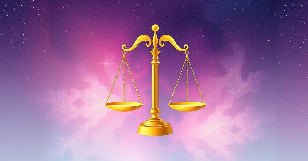 A serene Libra zodiac symbol with celestial background, warm colors, symbolizing harmony and positivity.
