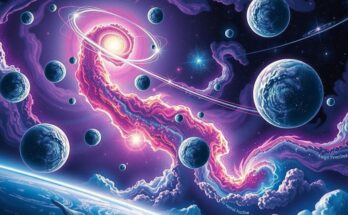 A cosmic scene featuring celestial bodies reflecting identity transformation and personal growth with starry colors.