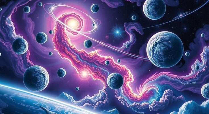 A cosmic scene featuring celestial bodies reflecting identity transformation and personal growth with starry colors.