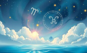Astrological symbols surrounded by celestial motifs, featuring a dreamy color scheme of ocean blues and soft pastels.