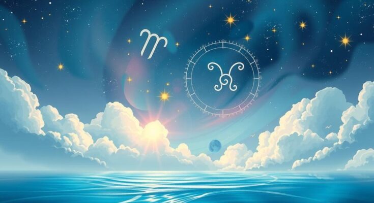 Astrological symbols surrounded by celestial motifs, featuring a dreamy color scheme of ocean blues and soft pastels.