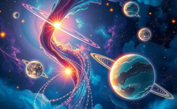 Celestial scene signifying innovation and creativity, featuring stars, planets, and vibrant colors in cosmic harmony.