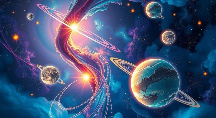 Celestial scene signifying innovation and creativity, featuring stars, planets, and vibrant colors in cosmic harmony.