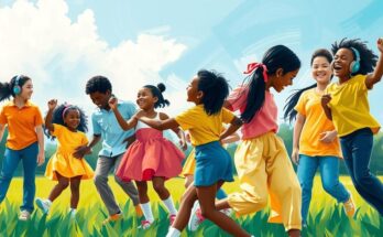 A vibrant scene depicting teamwork and social interaction in a playful, colorful environment.
