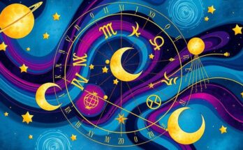 A colorful astrological chart depicting zodiac signs, celestial bodies, and vibrant patterns in a cosmic style.