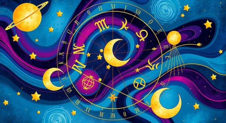 A colorful astrological chart depicting zodiac signs, celestial bodies, and vibrant patterns in a cosmic style.