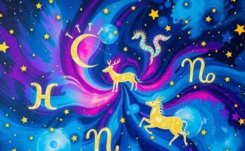 Astrological symbols with vibrant colors representing each zodiac sign surrounded by a cosmic backdrop.