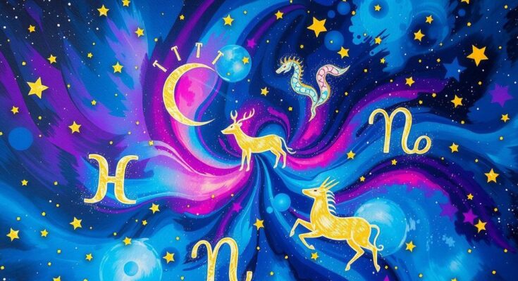 Astrological symbols with vibrant colors representing each zodiac sign surrounded by a cosmic backdrop.