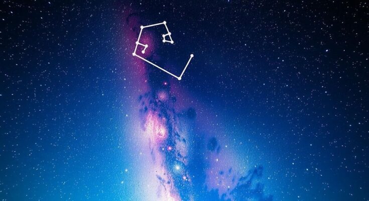 Starry night sky with Aries constellation shining brightly, surrounded by soft, glowing celestial colors.