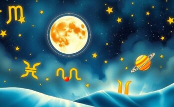 A cosmic scene illustrating zodiac signs in harmony with astrological elements and a vibrant color palette.