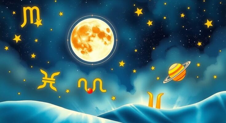 A cosmic scene illustrating zodiac signs in harmony with astrological elements and a vibrant color palette.