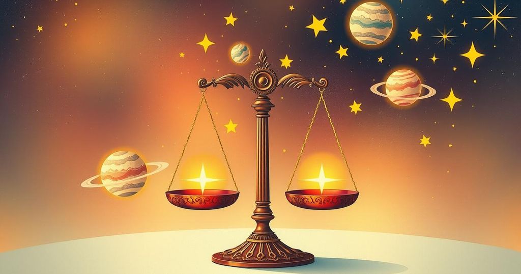 Bright celestial theme with Libra scales, stars, and planets in a warm color palette; representing cosmic harmony.