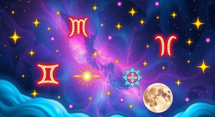A celestial scene depicting zodiac signs with radiant stars and planets, conveying optimism and cosmic alignment.
