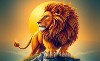 A vibrant illustration of a lion symbolizing Leo traits, with a sun and moon in a harmonious balance of colors.