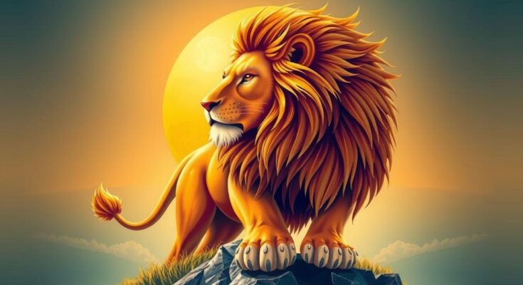 A vibrant illustration of a lion symbolizing Leo traits, with a sun and moon in a harmonious balance of colors.