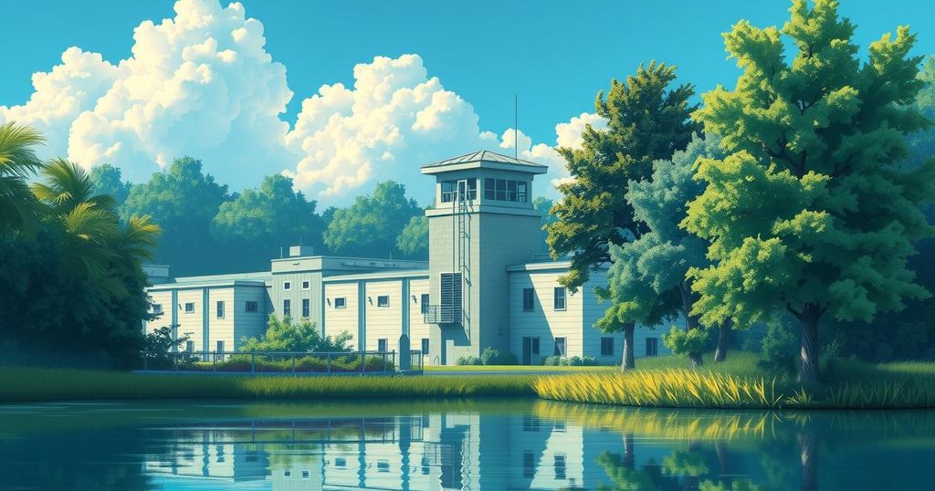 A serene landscape featuring an immigration detention center, surrounded by calming trees and blue skies.