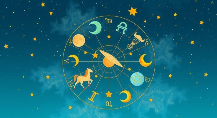 Astrological elements representing zodiac signs and their traits in harmonious colors of blue and gold.