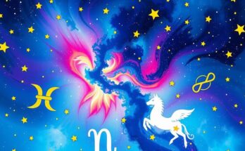 Vibrant astrological theme with celestial elements, featuring a starry sky and colorful zodiac symbols in watercolor style.