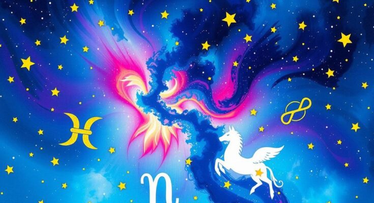 Vibrant astrological theme with celestial elements, featuring a starry sky and colorful zodiac symbols in watercolor style.