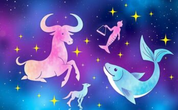 A cosmic scene depicting four zodiac signs: Taurus, Libra, Sagittarius, and Pisces, symbolizing academic success.