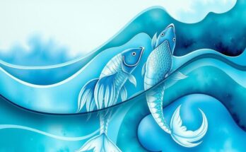 A serene ocean scene representing Pisces traits, with calming blues and swirling watercolors, symbolizing creativity and connection.