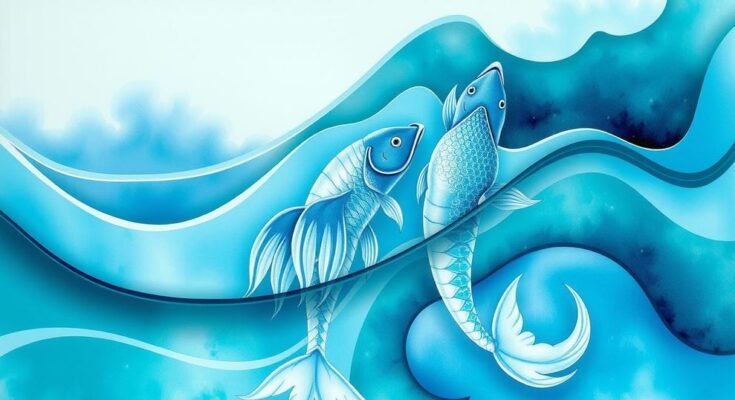 A serene ocean scene representing Pisces traits, with calming blues and swirling watercolors, symbolizing creativity and connection.