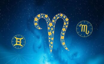 Celestial scene with zodiac symbols against a starry sky, featuring vibrant colors of blue and gold, representing Aries energy.