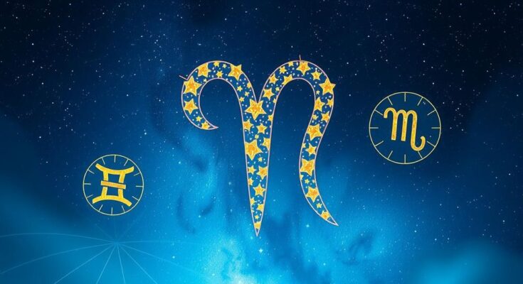 Celestial scene with zodiac symbols against a starry sky, featuring vibrant colors of blue and gold, representing Aries energy.