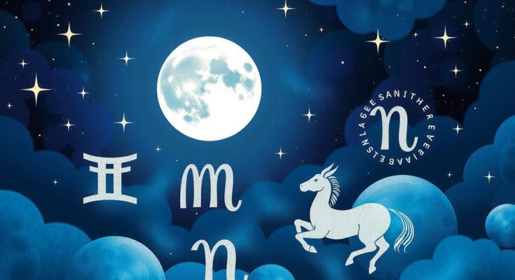 Vibrant depiction of stars and celestial elements representing zodiac signs under a Last Quarter Moon in Aquarius.