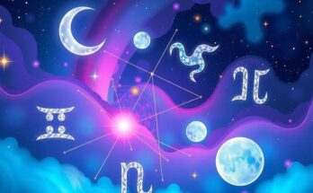 A celestial scene illustrating the zodiac signs and planets, colored in vibrant blues and purples, capturing astrological themes.